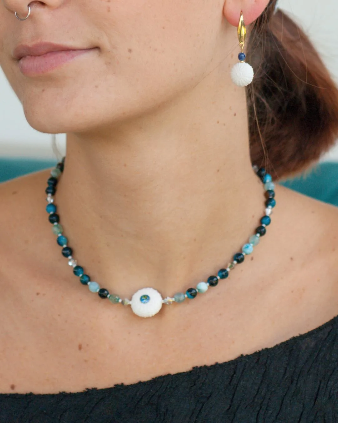 Collier oursin et agates bleues